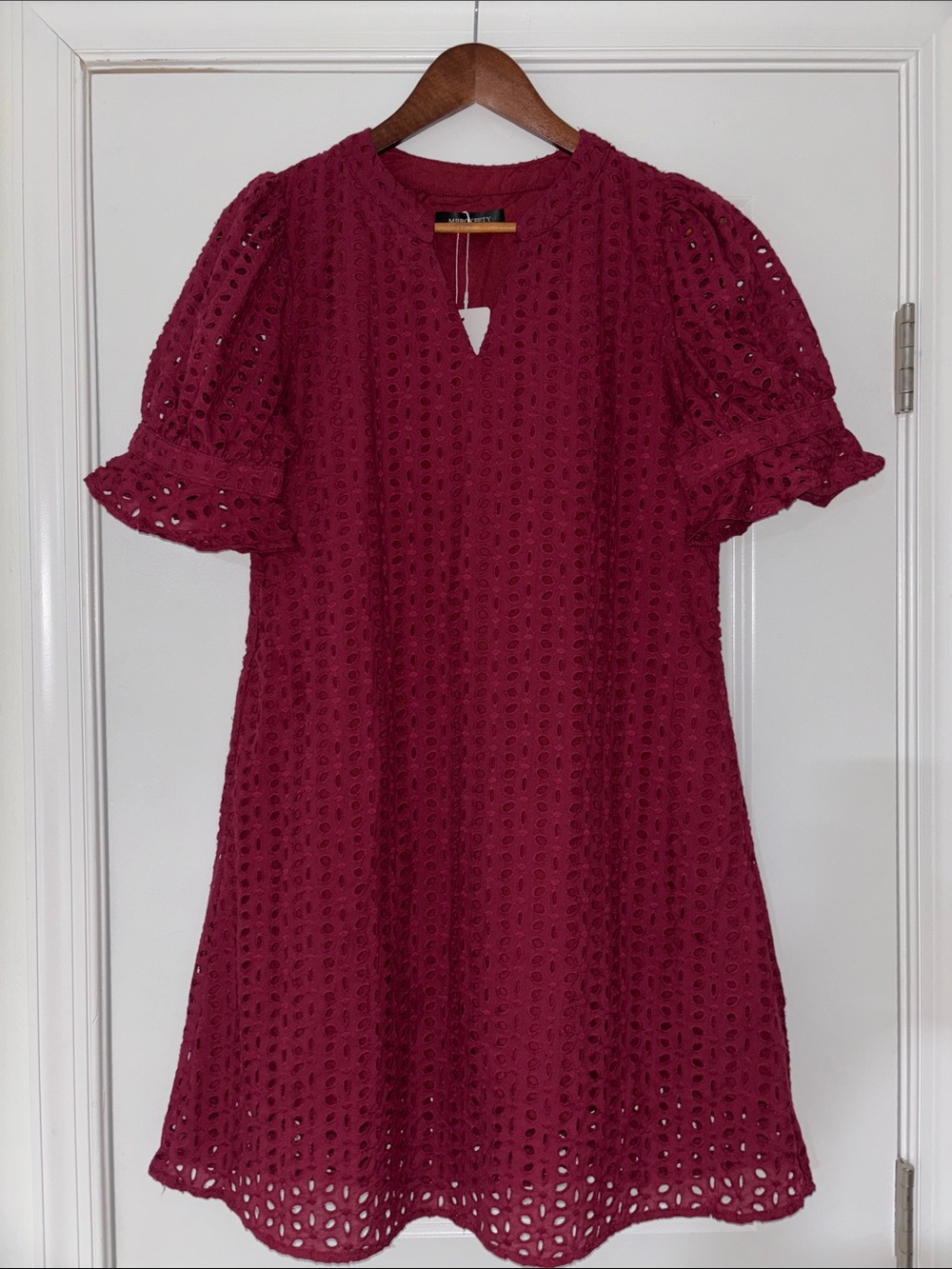 Women's Maroon Eyelet Dress w/ Ruffle Sleeves